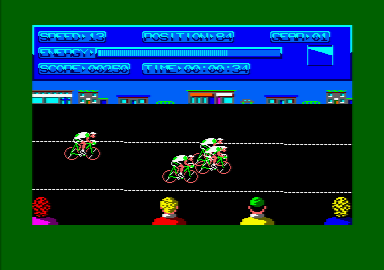 Milk Race (Amstrad CPC) screenshot: Engaged in the race.