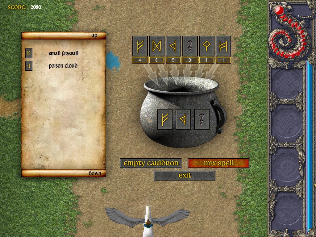 ArchMage (Windows) screenshot: In order to invoke the spell you will use to shoot down enemies, you have to place runes in the right order and mix them within the magical cauldron to get the spell you want to use.
