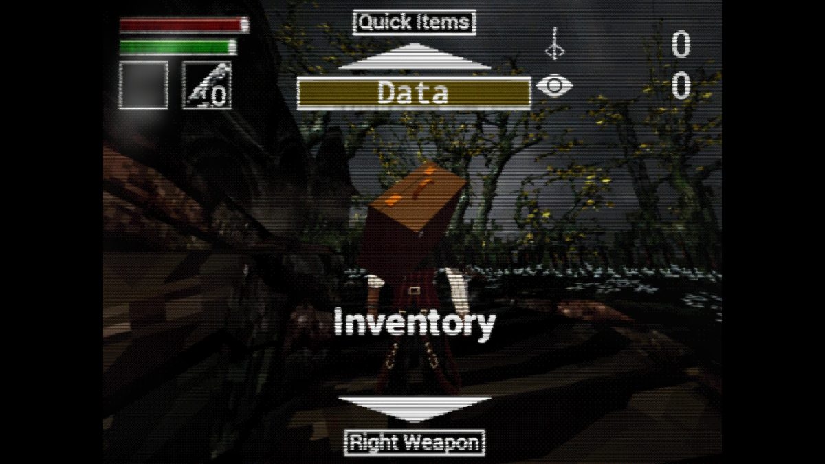 Bloodborne PSX (Windows) screenshot: The inventory/menu screen.