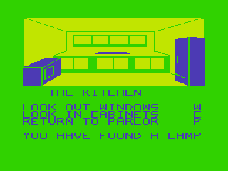 Mystic Mansion (TRS-80 CoCo) screenshot: In the Kitchen