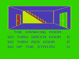 Mystic Mansion (TRS-80 CoCo) screenshot: Starting by a Staircase