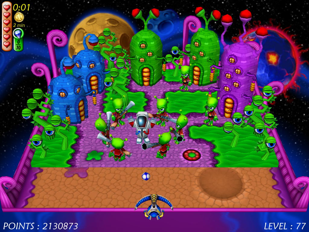 Magic Ball 4 (Windows) screenshot: Another hostile greeting by aliens for an astronaut as he arrives at their planet.