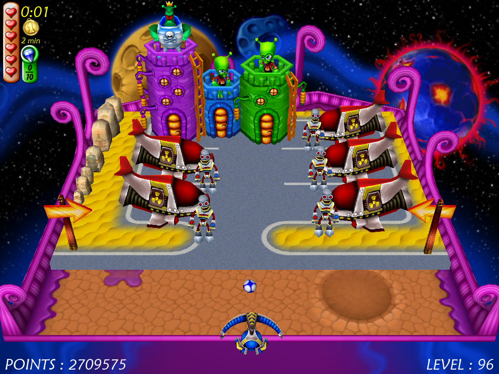 Magic Ball 4 (Windows) screenshot: Alien cosmodrome full of alien robots, aliens and their alien emperor.