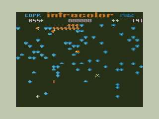 Colorpede (TRS-80 CoCo) screenshot: Flea Drops from Above