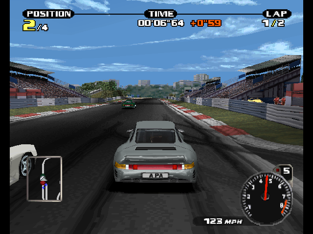 Need for Speed: Porsche Unleashed (PlayStation) screenshot: Racing down the straight.