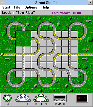 Street Shuffle (Windows 3.x) screenshot: Rearrange the street sections so that the cab can reach its destination.