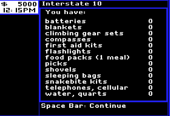 Arizona Mix (Apple II) screenshot: Equipment List