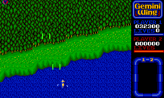 Gemini Wing (Amiga) screenshot: Round two starts out peaceful and green.
