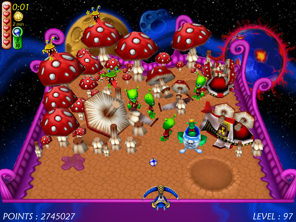 Magic Ball 4 (Windows) screenshot: Alien lumberjacks are cutting down mushrooms by the orders of their alien emperor.