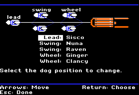 Dog Sled Ambassadors (Apple II) screenshot: Setting Dog Positions