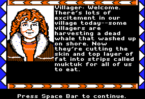 Dog Sled Ambassadors (Apple II) screenshot: Meeting the Locals