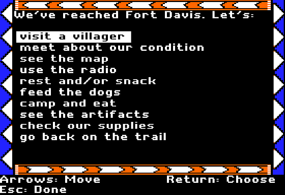 Dog Sled Ambassadors (Apple II) screenshot: Town Options