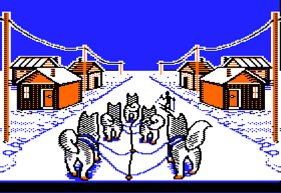 Dog Sled Ambassadors (Apple II) screenshot: Entering Town