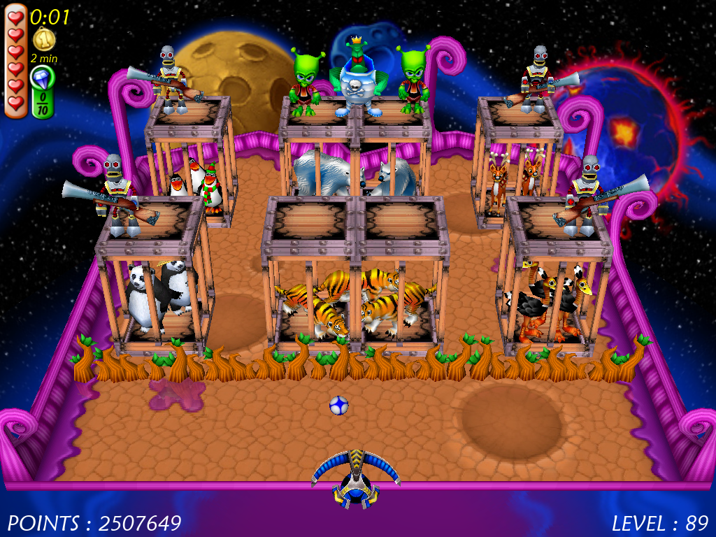 Magic Ball 4 (Windows) screenshot: Poor animals from planet Earth. They are being held captive by alien emperor and his minions for their alien zoo. Let's save those animals.