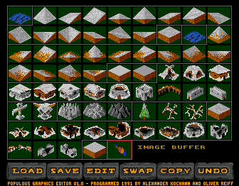 Populous: World Editor (Amiga) screenshot: populous graphics - worlds landscape #3 - snow and ice (org-size, pxl-exact)