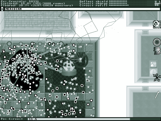 Meritous (Windows) screenshot: Fighting Meridian, a boss monster