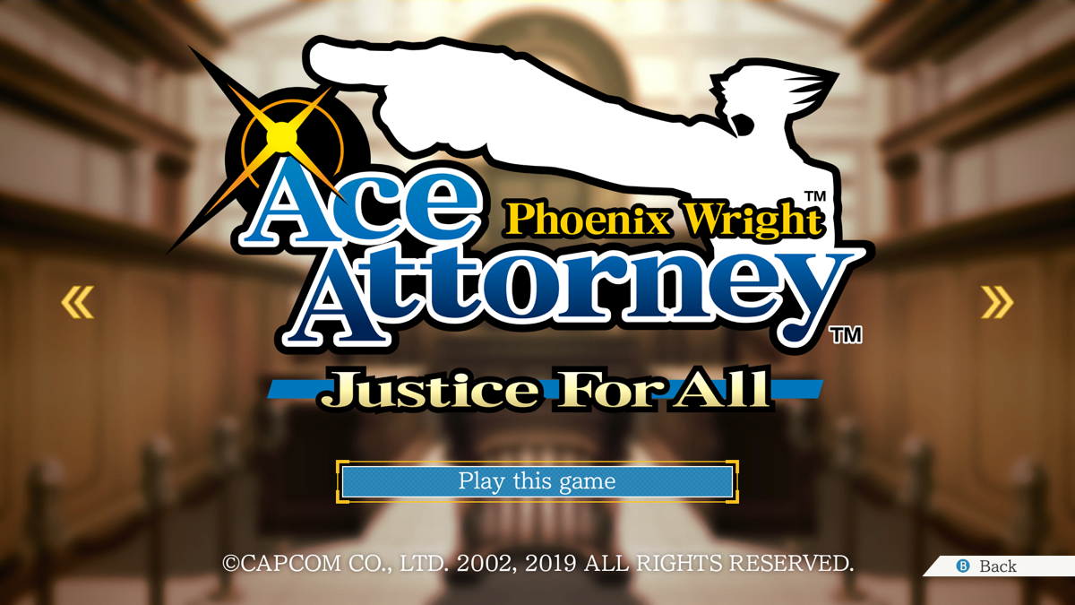 Phoenix Wright: Ace Attorney Trilogy (Windows) screenshot: Phoenix Wright: Ace Attorney - Justice for All (Phoenix Wright 2). Title screen