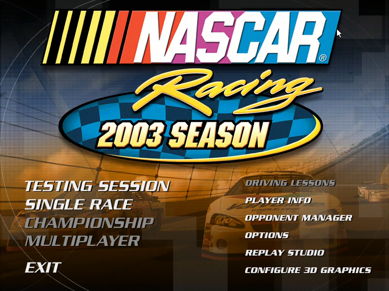 NASCAR Racing 2003 Season (Windows) screenshot: Main menu screen (demo version)