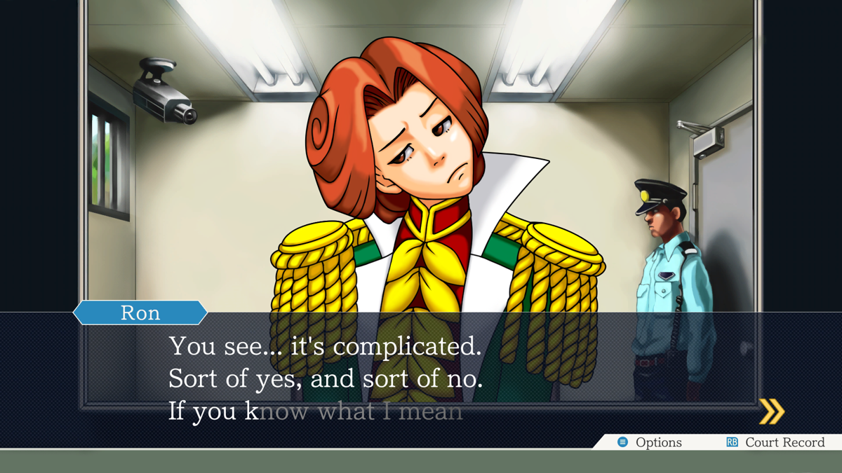 Phoenix Wright: Ace Attorney Trilogy (Windows) screenshot: Phoenix Wright 3. It's interesting how they could show the intonations in this character's speech with different shades of text