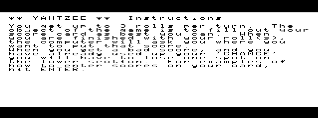 Yahtzee 3 (TRS-80 CoCo) screenshot: Instructions