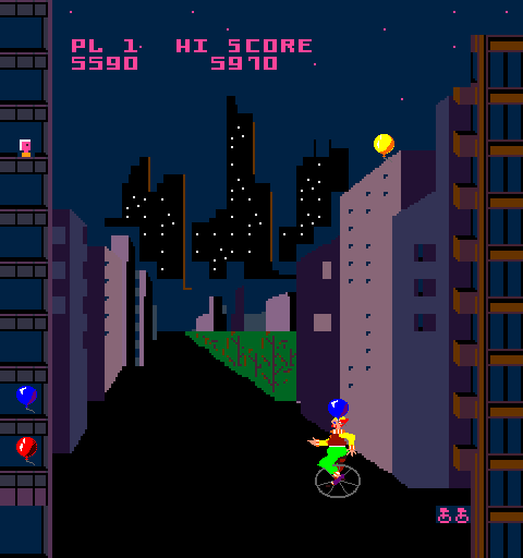 Kick-Man (Arcade) screenshot: A bonus level. Catch balloons as they are thrown from the buildings.