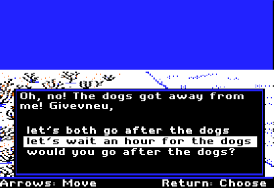 Dog Sled Ambassadors (Apple II) screenshot: Encountering Difficulties