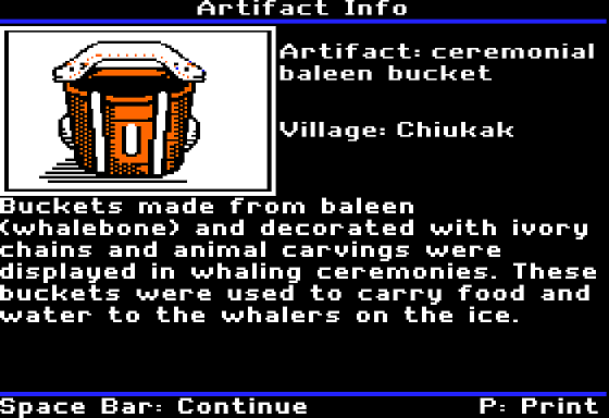 Dog Sled Ambassadors (Apple II) screenshot: Reviewing Artifacts