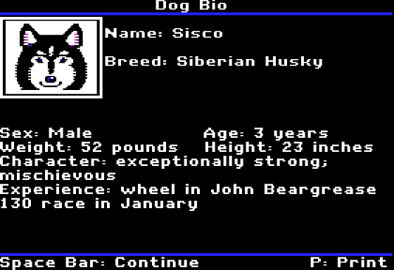 Dog Sled Ambassadors (Apple II) screenshot: Dog Characteristics