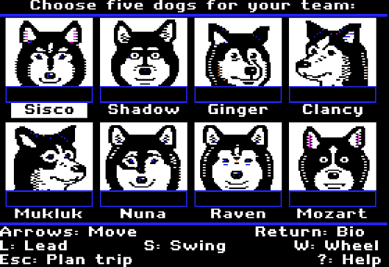 Dog Sled Ambassadors (Apple II) screenshot: Choosing my Dogs
