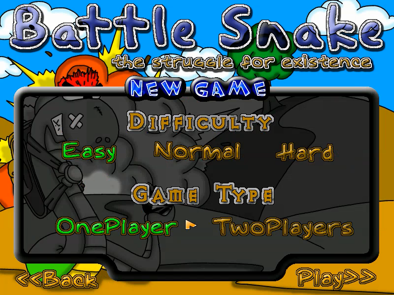 Battle Snake (Windows) screenshot: Select difficulty and single or multiplayer