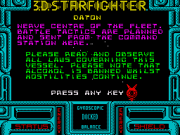 3D Starfighter (ZX Spectrum) screenshot: Introduction text. No drinking and flying!