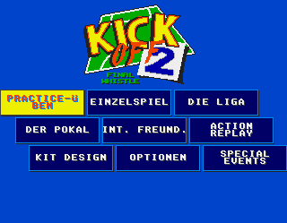 Kick Off 2: The Final Whistle (Amiga) screenshot: Main menu (German version)