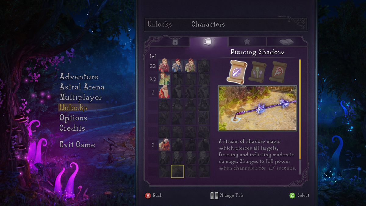 Nine Parchments (Windows) screenshot: All unlocked characters, spells, etc.