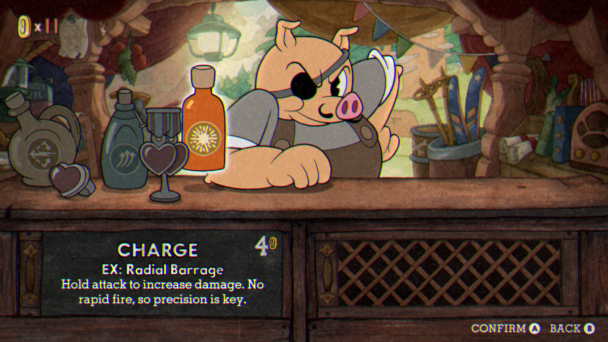 Cuphead: The Delicious Last Course (Windows) screenshot: There are some new weapons in the shop