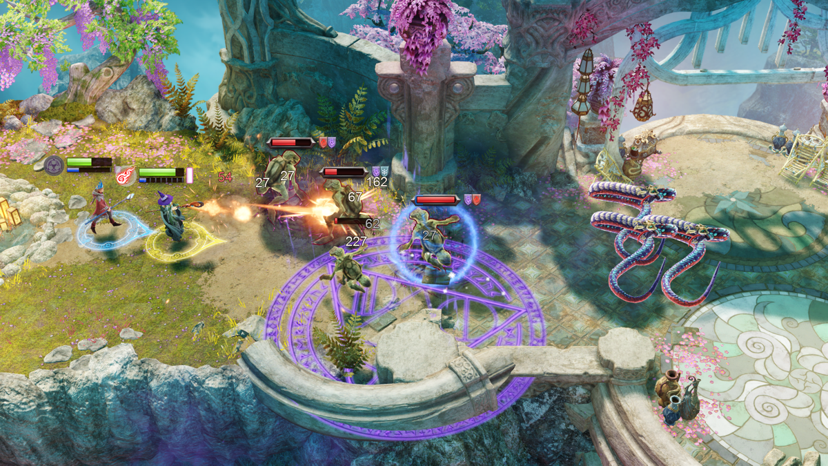 Nine Parchments (Windows) screenshot: The snakes (to the right) are about to jump at us