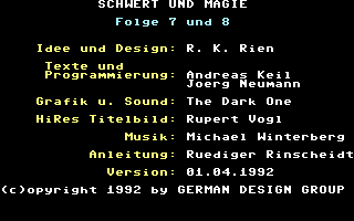 Schwert und Magie IV: Folge 7+8 (Commodore 64) screenshot: Credits.