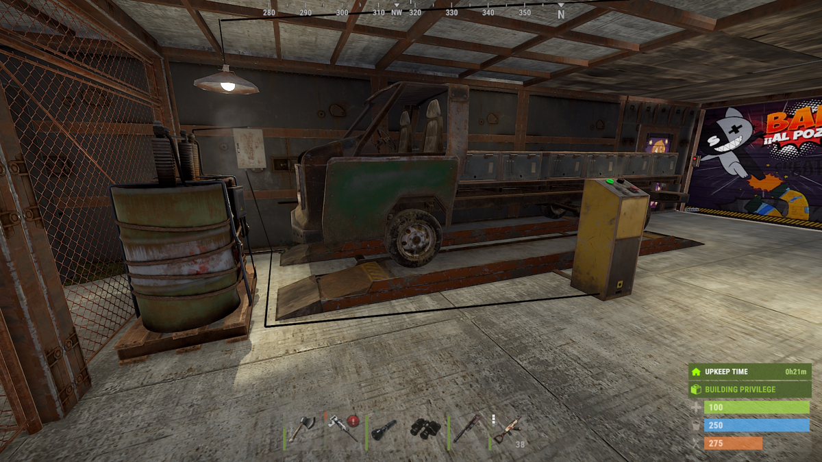 Rust (Windows) screenshot: Cars chassis' can be salvaged from the side of roads, placed on a car lift and be modified, repaired and have locks installed