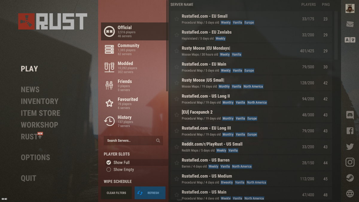 Rust (Windows) screenshot: The server list