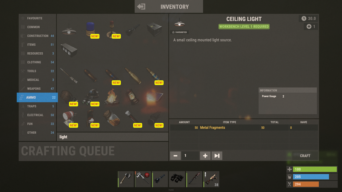Rust (Windows) screenshot: The crafting menu used to create items. Most will require...