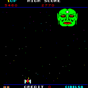 Destroyer (Arcade) screenshot: The vulnerable spot on the monster's forehead has opened.