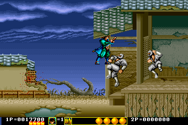 Lightning Swords (Arcade) screenshot: Stand on enemy... in air. Impressive