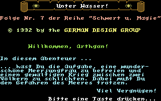 Schwert und Magie IV: Folge 7+8 (Commodore 64) screenshot: Start Screen Folge Nr. 7: Unter Wasser!