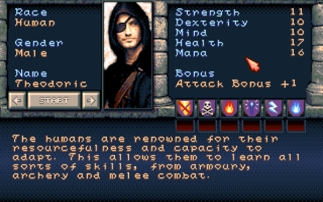 The Shadows of Sergoth (Amiga) screenshot: Character Selection