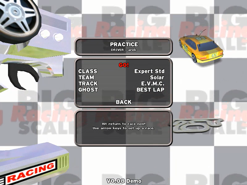 Big Scale Racing (Windows) screenshot: Select vehicle and track