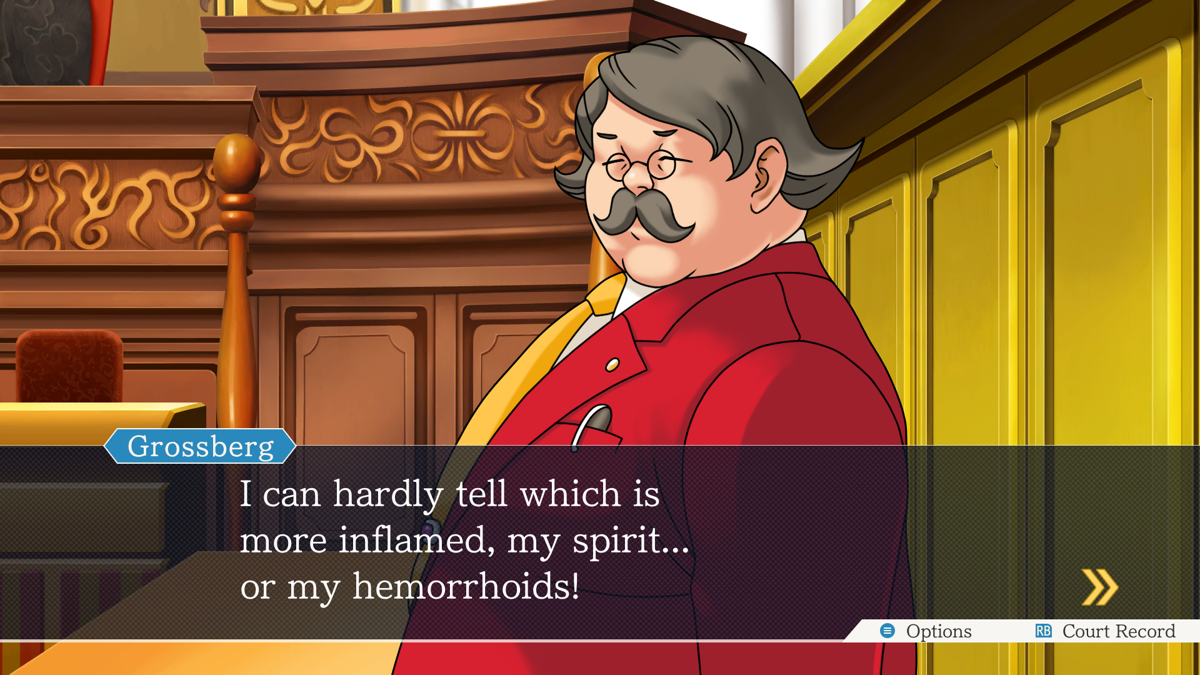 Phoenix Wright: Ace Attorney Trilogy (Windows) screenshot: Phoenix Wright 3. This older lawyer just keeps talking about his hemorrhoids