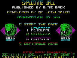 Exploding Wall (ZX Spectrum) screenshot: Title screen and game options.