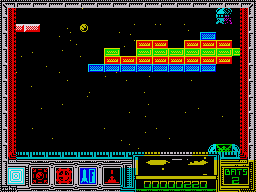 Exploding Wall (ZX Spectrum) screenshot: Exploding the walls with a bat and a ball. The screen scrolls to the right and left.
