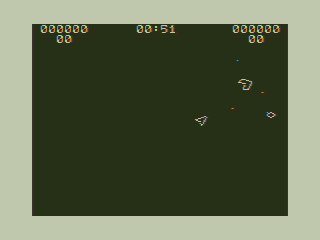 Space War (TRS-80 CoCo) screenshot: Attacking Opponent and Saucer