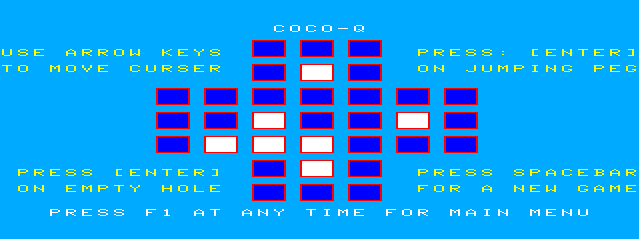 CoCo-Q (TRS-80 CoCo) screenshot: Jumping Pegs