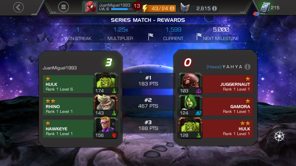 Marvel: Contest of Champions (Android) screenshot: "Three of a kind" means all 3 champions win throughout "Catalyst Clash - Basic".